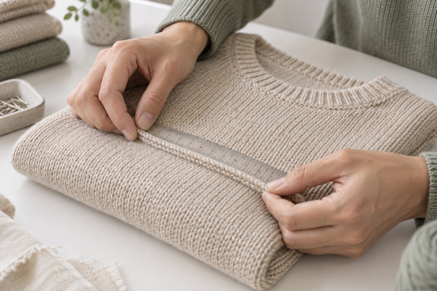 A knit garment being measured during quality inspection.