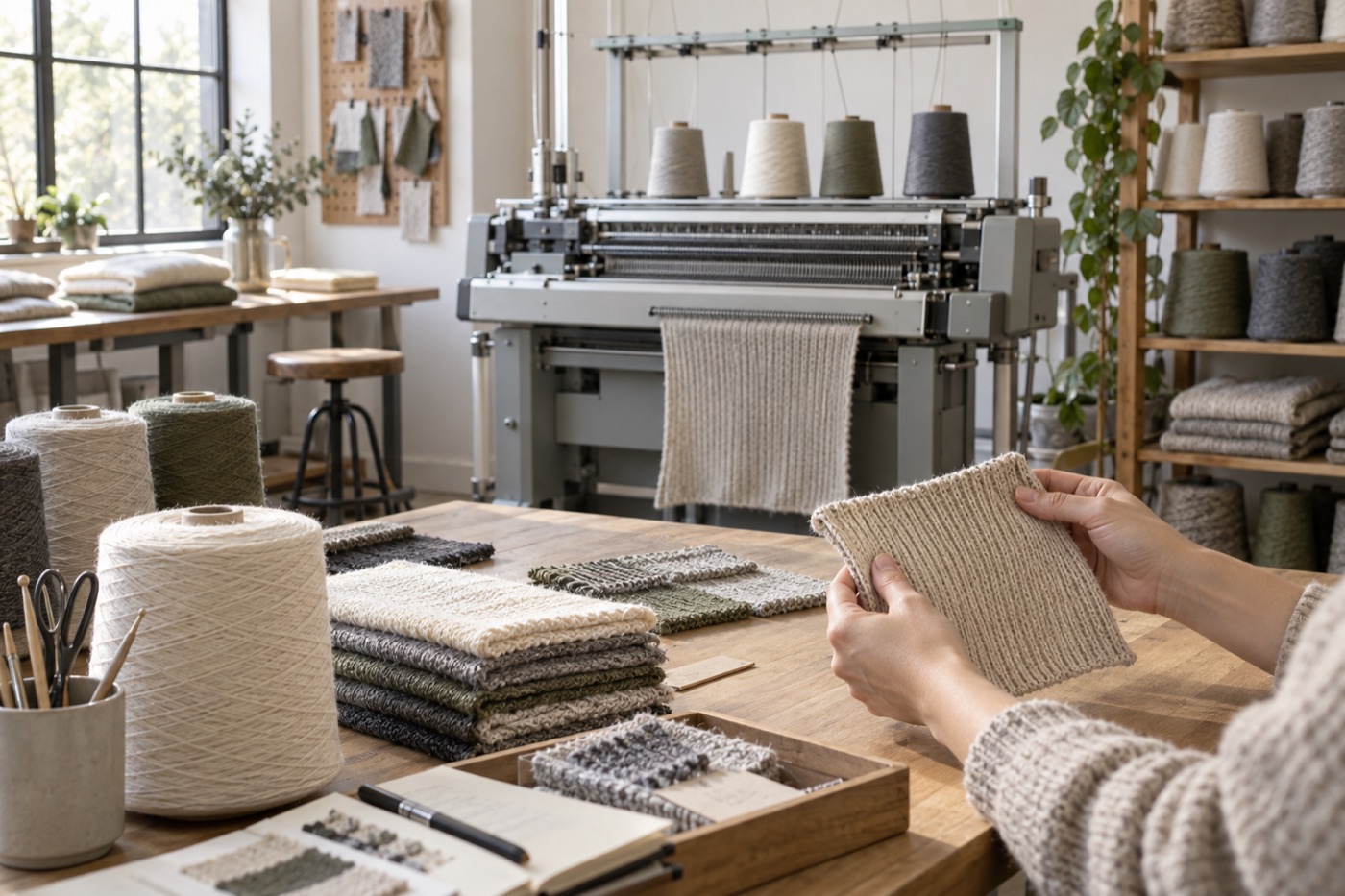 Knitwear sampling workspace with yarn and knitting equipment.