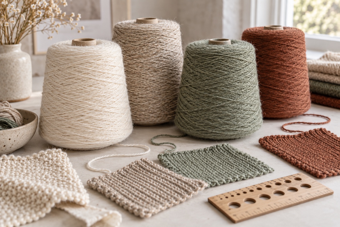 Natural yarn cones and knitted swatches arranged for material development
